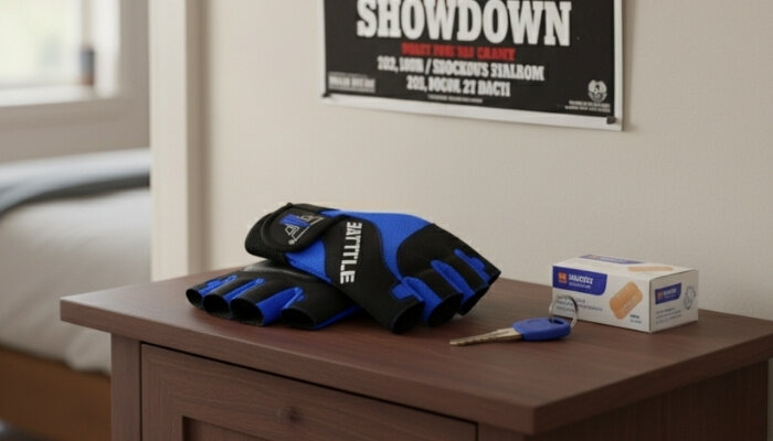 Fitness-Handschuhe liegt auf Schrank