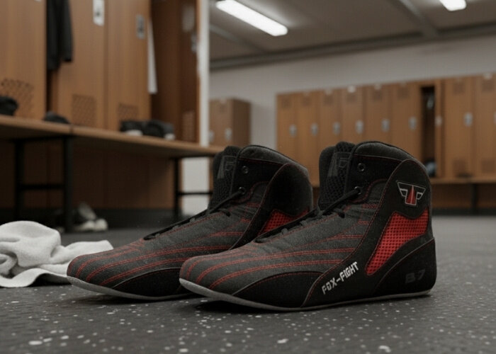 Kampfsportschuhe auf Boden in Umkleidekabine