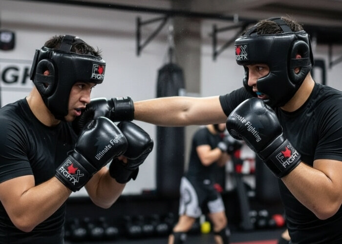 zwei Männer benutzen MMA Handschuhe