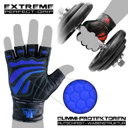 FOX-FIGHT EXTREME BLUE Fitness- Kraftsporthandschuhe aus echtem Leder M - schwarz/blau