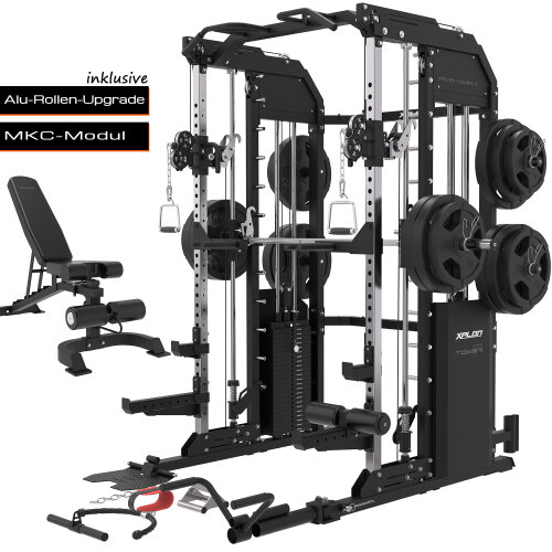 XPLON Tower7 PLUS Kraftstation Multipresse Klimmzugstation inkl. 240kg Steckgewichte mit Hantelbank Ø30mm / 50mm
