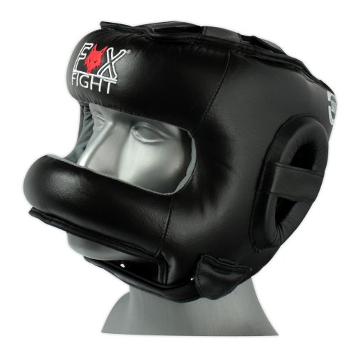 FOX-FIGHT Kopfschutz mit Bügel Nasenschutz aus echtem Leder S / M - schwarz